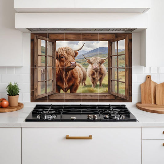 Highland Cow Window Tile Mural – Farmhouse Scottish Countryside Farm Animal Wall Art