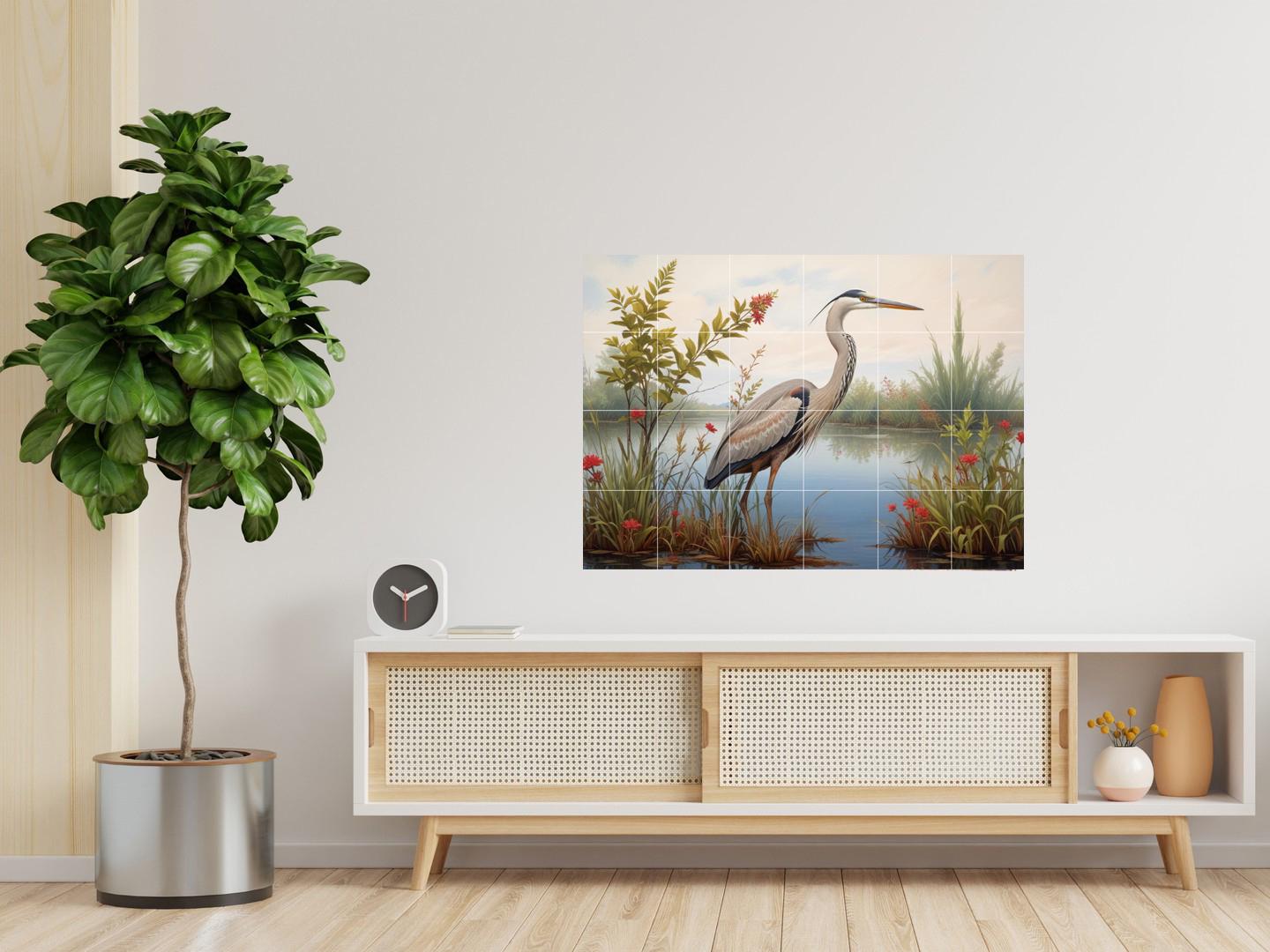 Heron Bird Wall Art Tile Mural – Coastal Wildlife, Kitchen Backsplash & Bathroom Botanical Decor