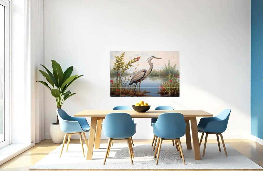 Heron Bird Wall Art Tile Mural – Coastal Wildlife, Kitchen Backsplash & Bathroom Botanical Decor