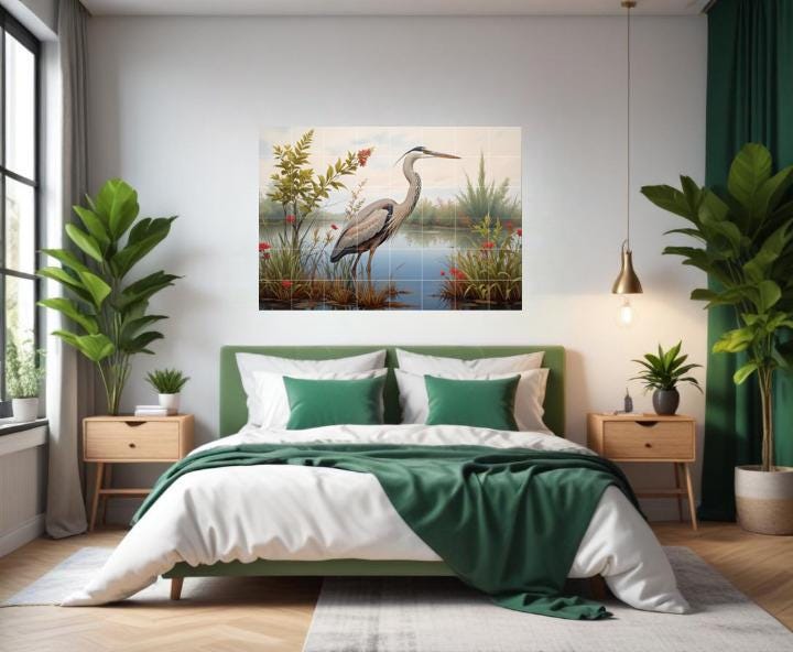 Heron Bird Wall Art Tile Mural – Coastal Wildlife, Kitchen Backsplash & Bathroom Botanical Decor