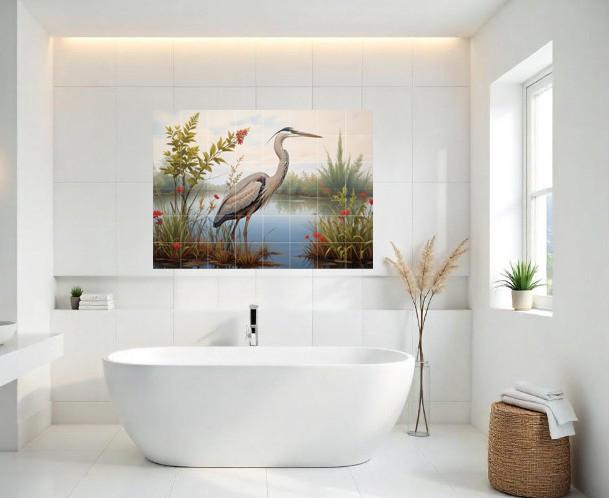 Heron Bird Wall Art Tile Mural – Coastal Wildlife, Kitchen Backsplash & Bathroom Botanical Decor
