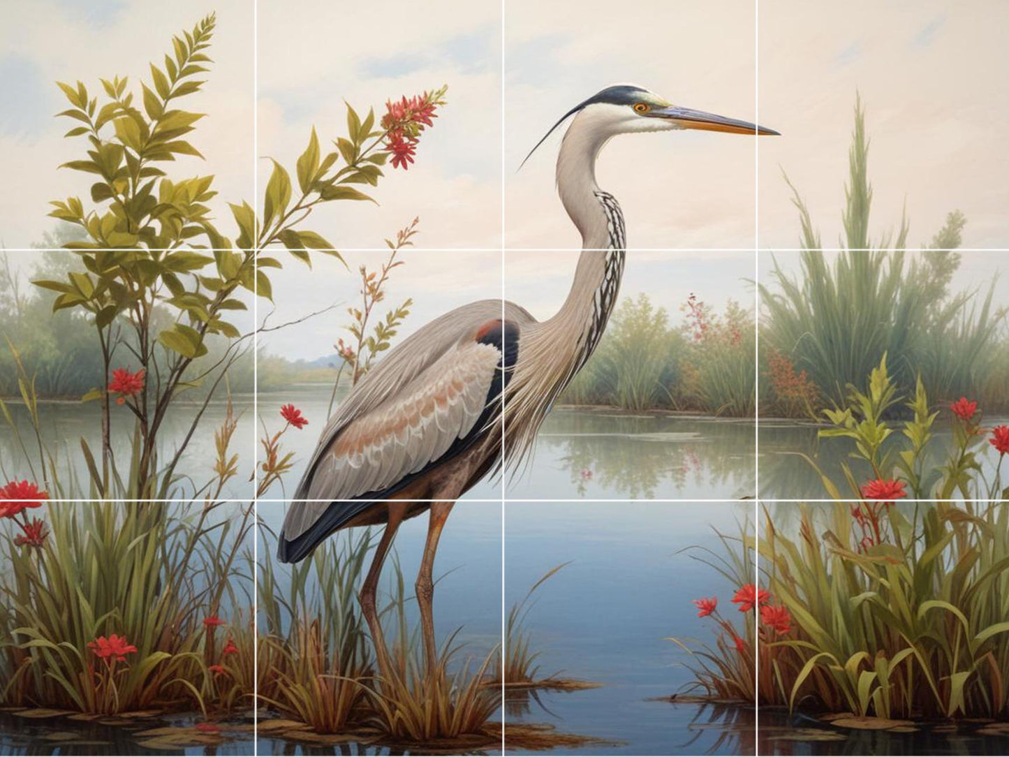 Heron Bird Wall Art Tile Mural – Coastal Wildlife, Kitchen Backsplash & Bathroom Botanical Decor