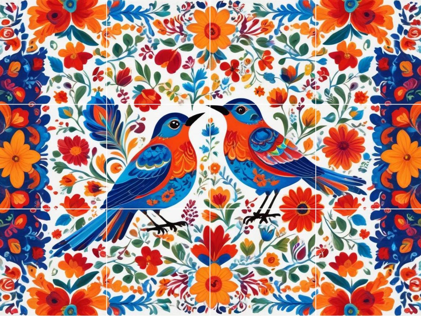 Bird Floral Mexican Talavera Tile Mural – Colorful Ceramic Botanical Wall Art, Kitchen & Bathroom Decor