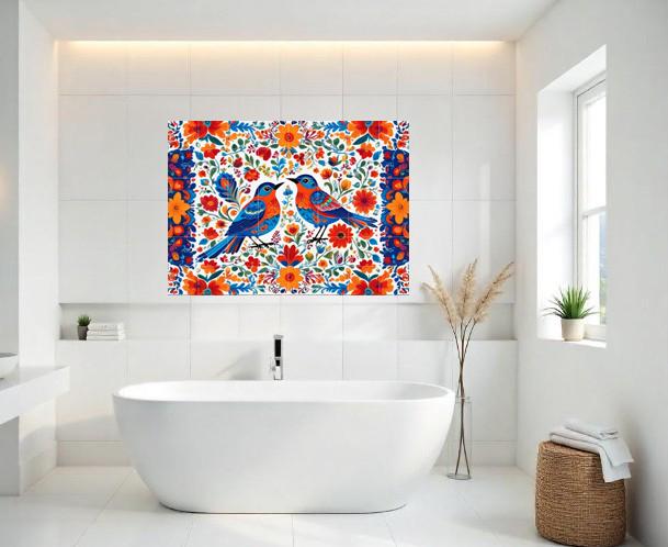 Bird Floral Mexican Talavera Tile Mural – Colorful Ceramic Botanical Wall Art, Kitchen & Bathroom Decor