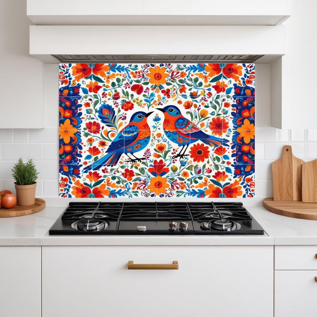 Bird Floral Mexican Talavera Tile Mural – Colorful Ceramic Botanical Wall Art, Kitchen & Bathroom Decor