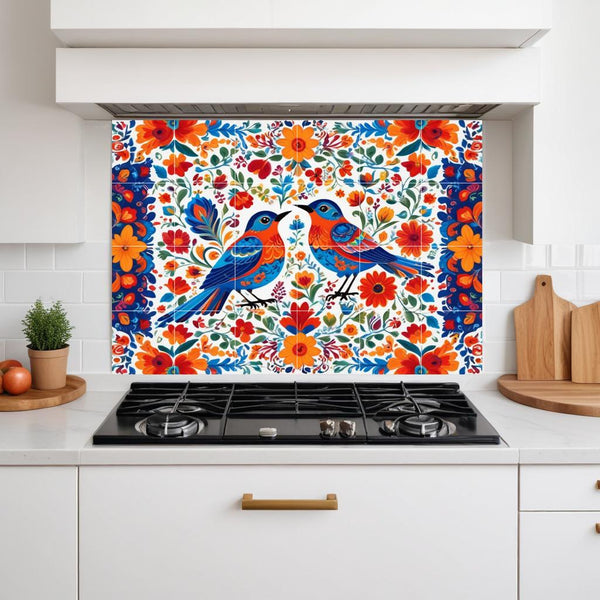 Bird Floral Mexican Talavera Tile Mural – Colorful Ceramic Botanical Wall Art, Kitchen & Bathroom Decor