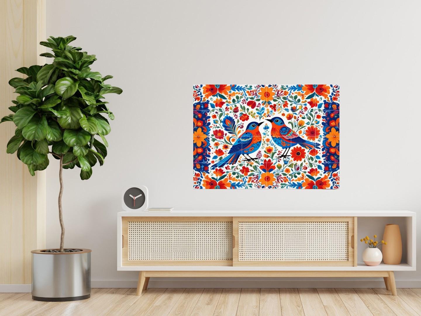 Bird Floral Mexican Talavera Tile Mural – Colorful Ceramic Botanical Wall Art, Kitchen & Bathroom Decor