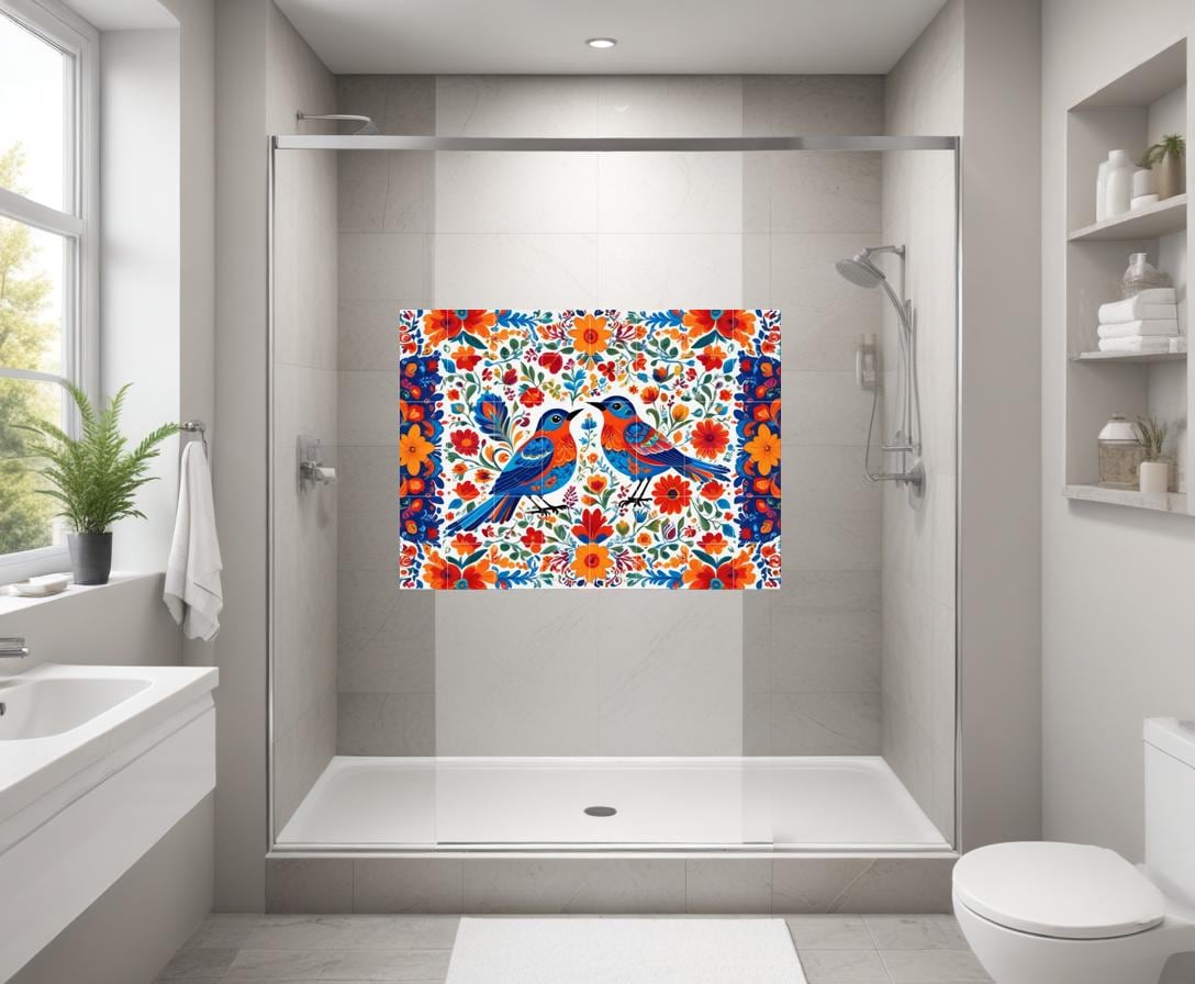 Bird Floral Mexican Talavera Tile Mural – Colorful Ceramic Botanical Wall Art, Kitchen & Bathroom Decor