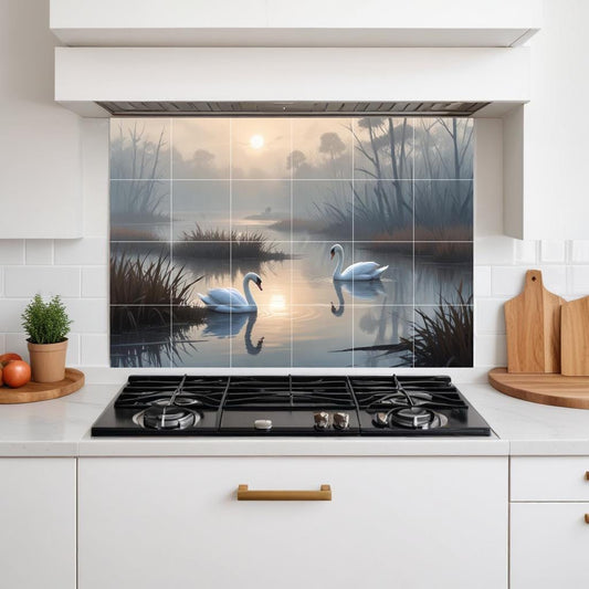 Swan Wall Art Tile Mural – Misty Lake Bird Wildlife, Nature Bathroom Decor Kitchen Backsplash