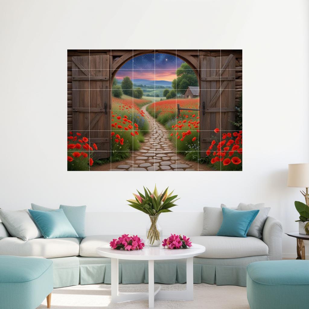 Poppy Field Tile Mural – Sunset Landscape Ceramic Backsplash Botanical Flower Door Wall Art