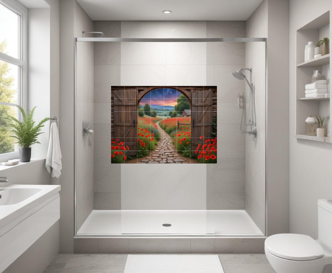 Poppy Field Tile Mural – Sunset Landscape Ceramic Backsplash Botanical Flower Door Wall Art
