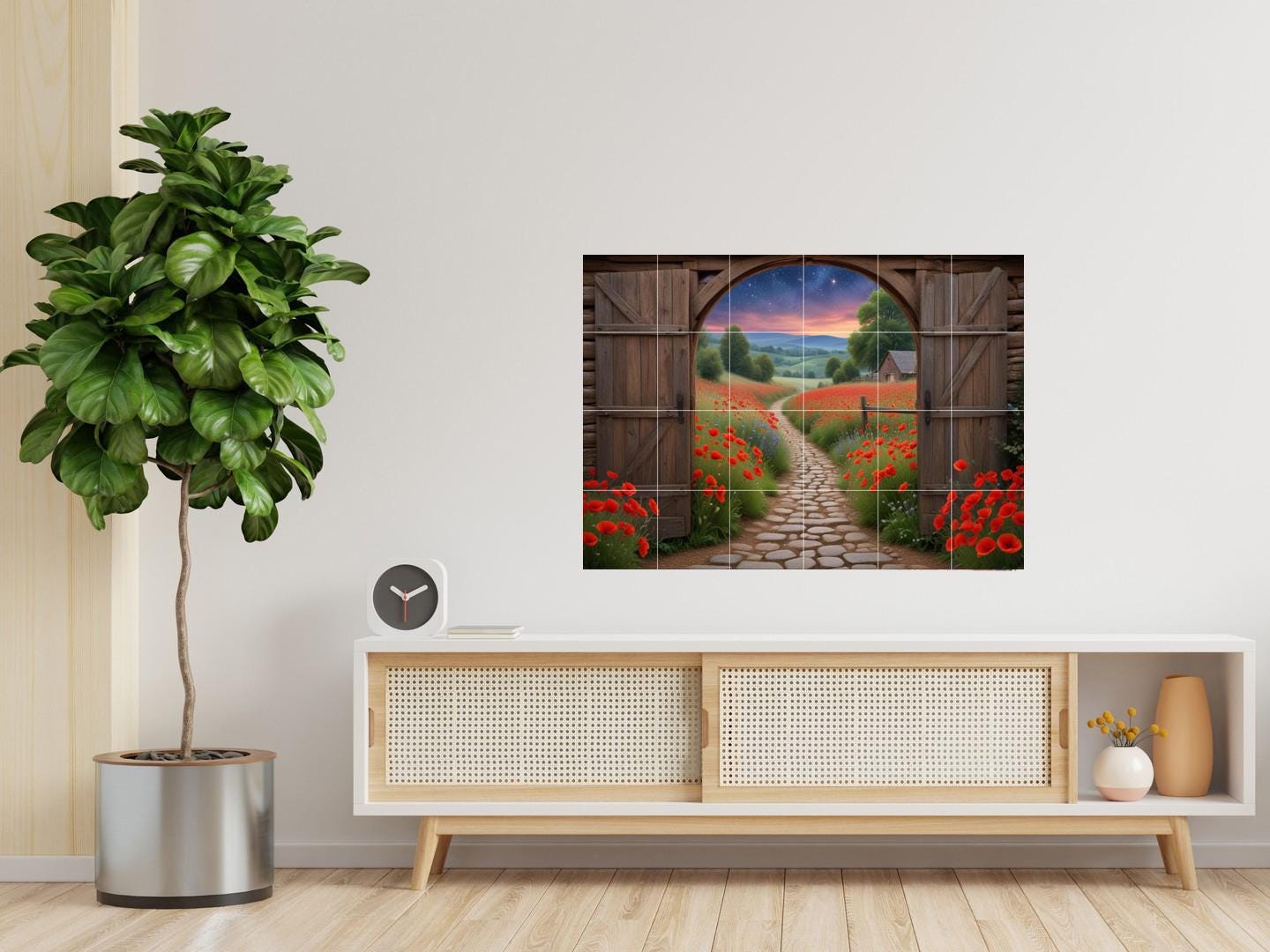 Poppy Field Tile Mural – Sunset Landscape Ceramic Backsplash Botanical Flower Door Wall Art