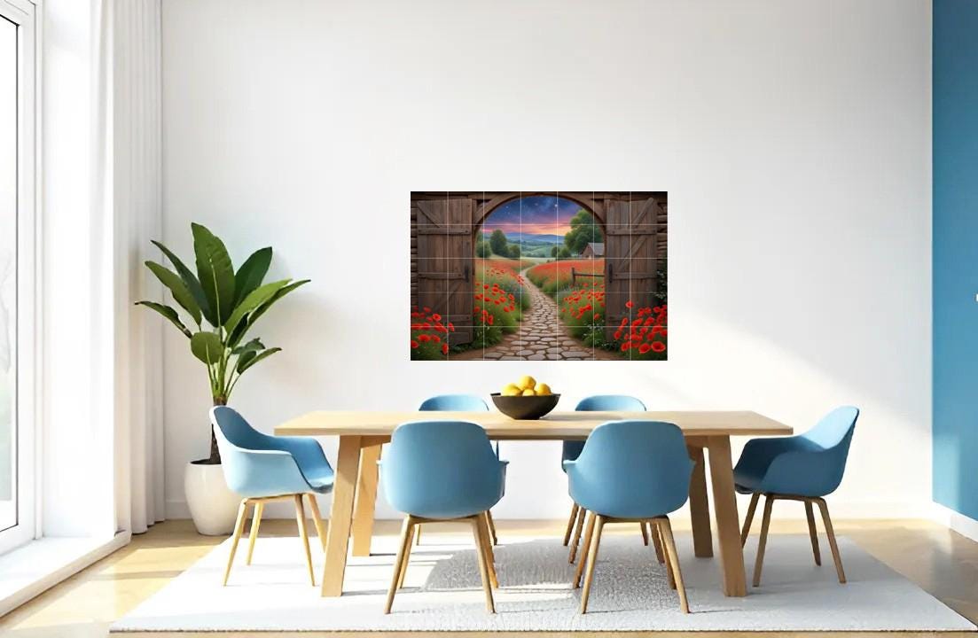 Poppy Field Tile Mural – Sunset Landscape Ceramic Backsplash Botanical Flower Door Wall Art