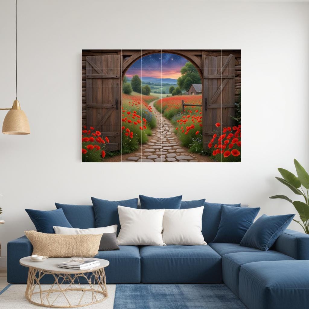 Poppy Field Tile Mural – Sunset Landscape Ceramic Backsplash Botanical Flower Door Wall Art