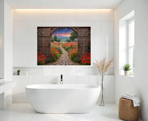Poppy Field Tile Mural – Sunset Landscape Ceramic Backsplash Botanical Flower Door Wall Art