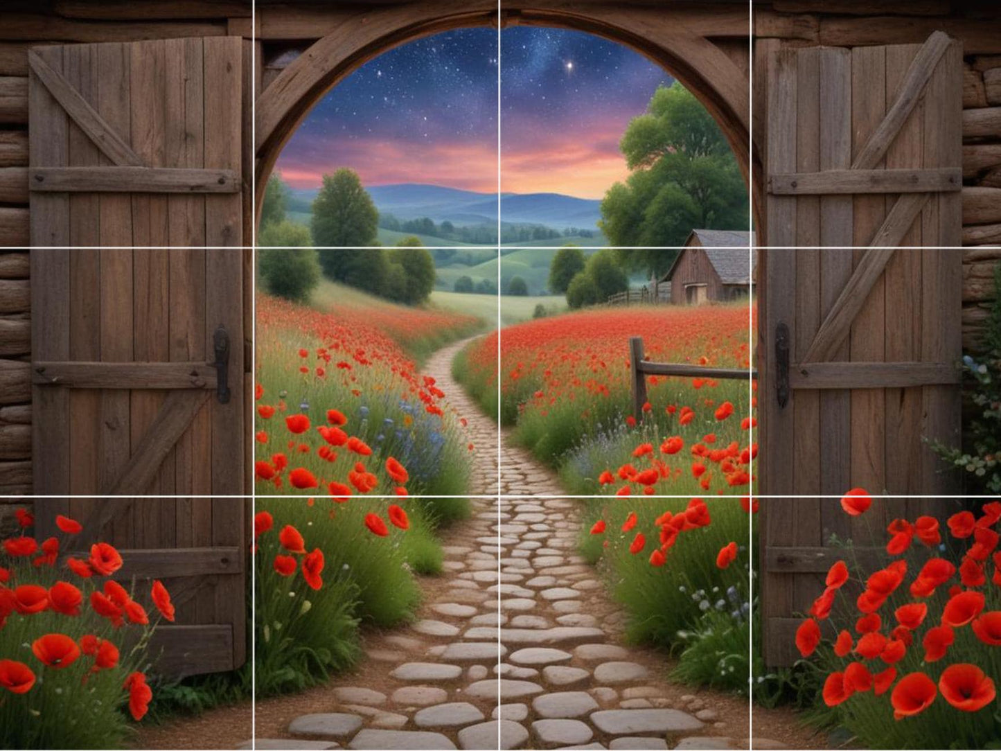 Poppy Field Tile Mural – Sunset Landscape Ceramic Backsplash Botanical Flower Door Wall Art