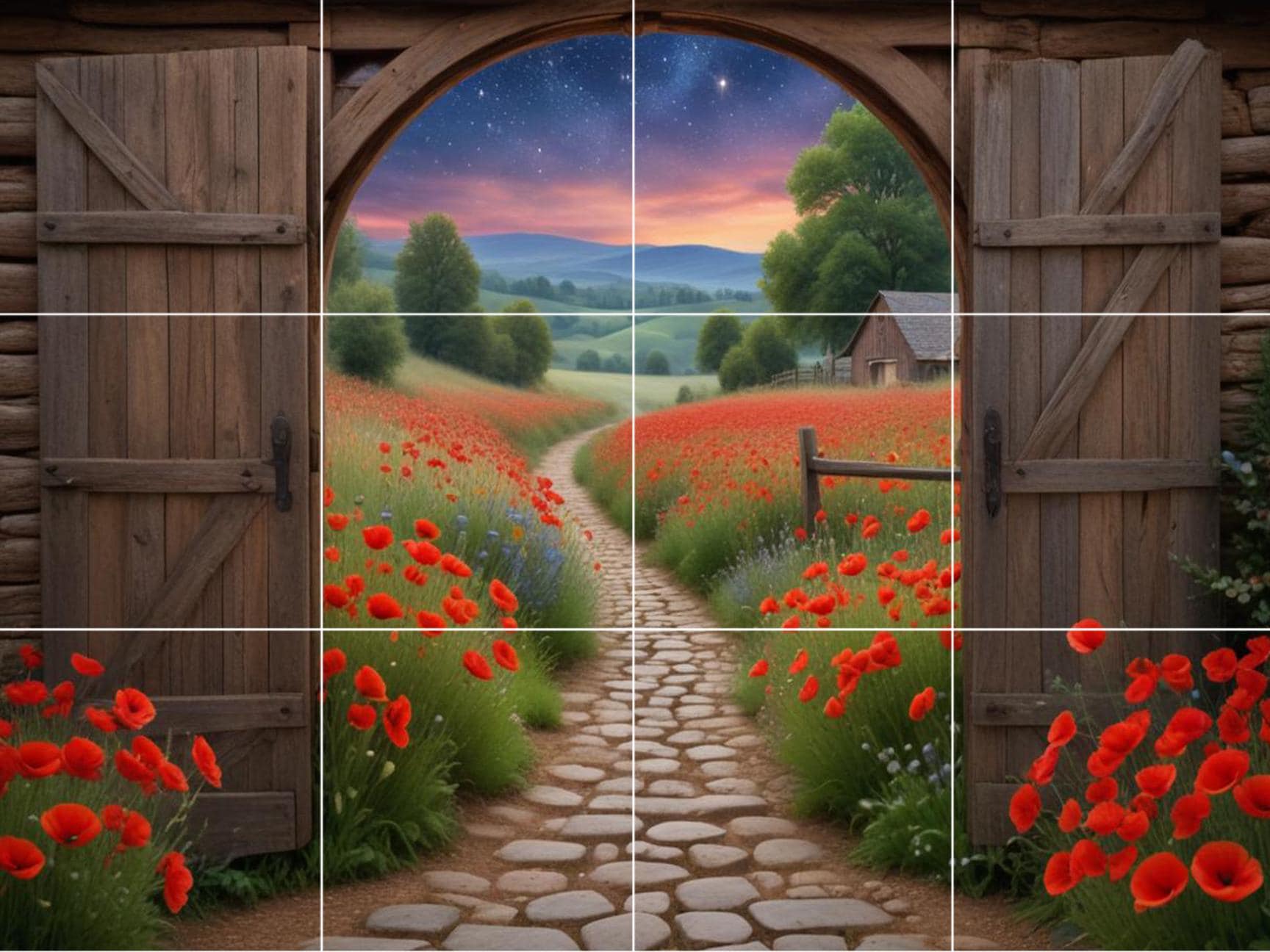 Poppy Field Tile Mural – Sunset Landscape Ceramic Backsplash Botanical Flower Door Wall Art