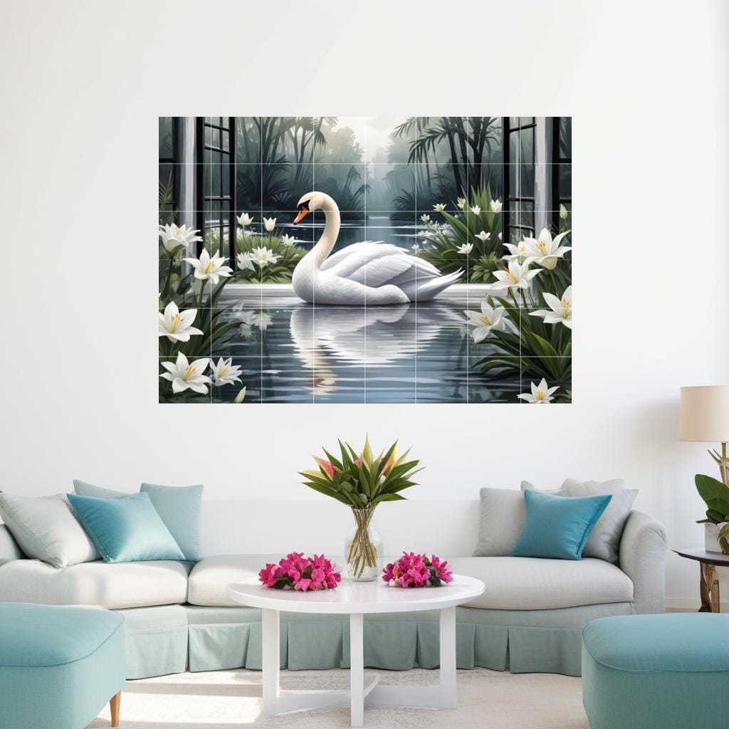 Swan Lake Window View Tile Mural – Bird Floral Wall Art for Bathroom Kitchen Decor