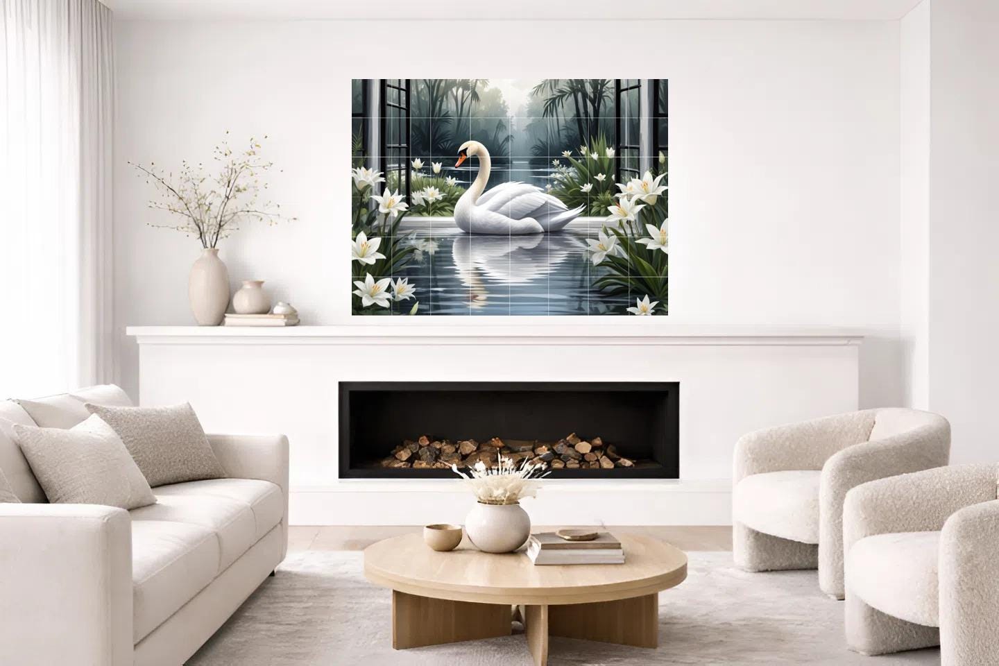 Swan Lake Window View Tile Mural – Bird Floral Wall Art for Bathroom Kitchen Decor