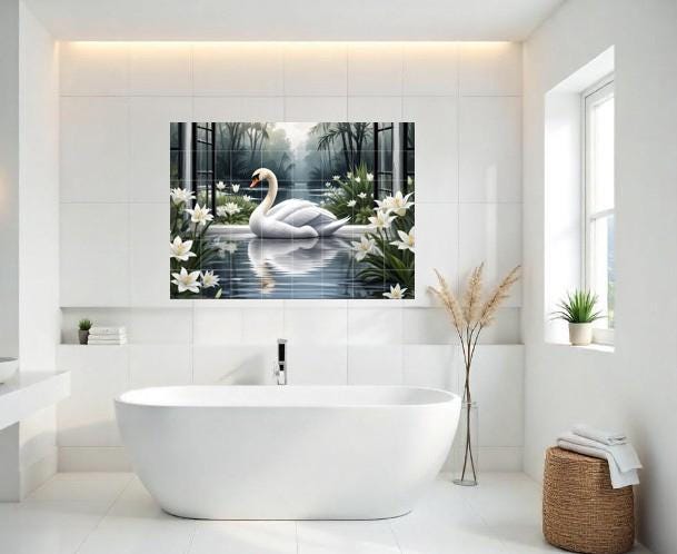 Swan Lake Window View Tile Mural – Bird Floral Wall Art for Bathroom Kitchen Decor