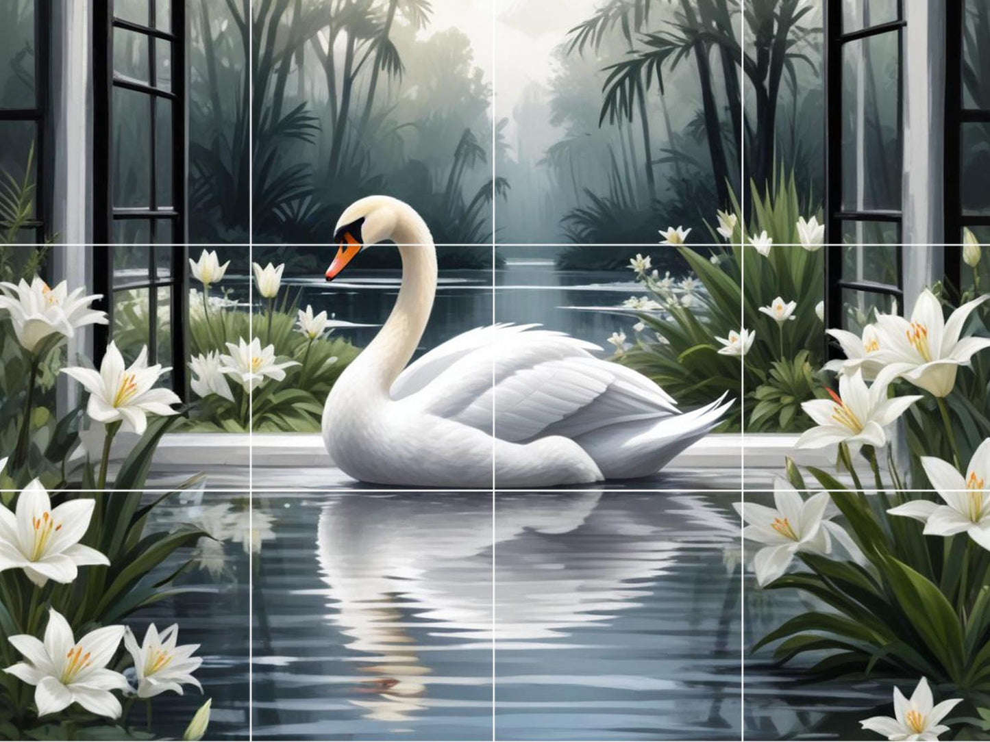 Swan Lake Window View Tile Mural – Bird Floral Wall Art for Bathroom Kitchen Decor