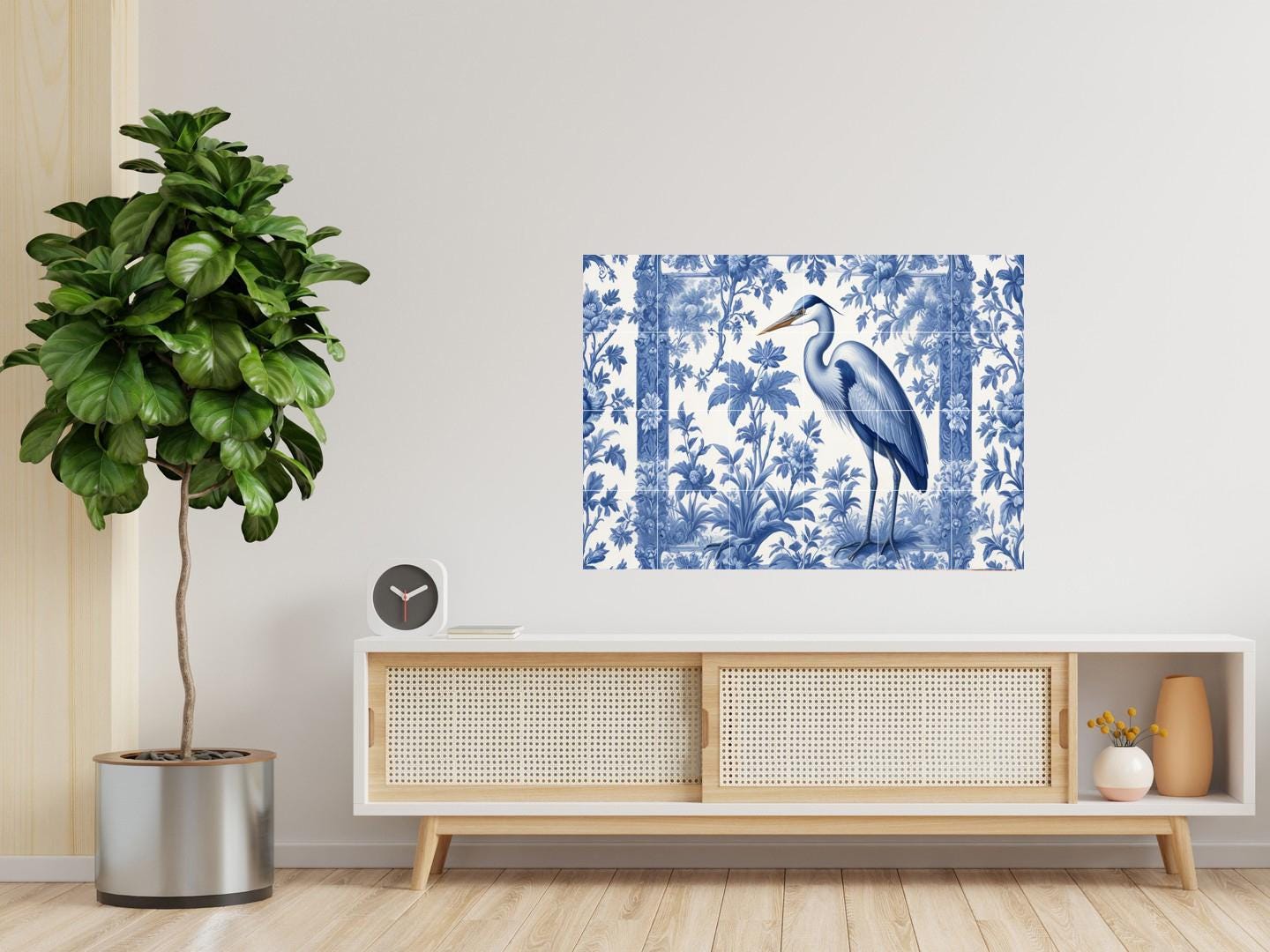 Blue Heron Chinoiserie Tile Mural, Delft Style Botanical Bird Wall Art