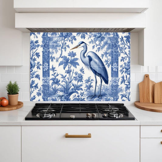 Blue Heron Chinoiserie Tile Mural, Delft Style Botanical Bird Wall Art