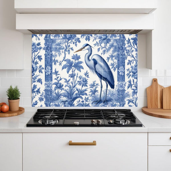 Blue Heron Chinoiserie Tile Mural, Delft Style Botanical Bird Wall Art
