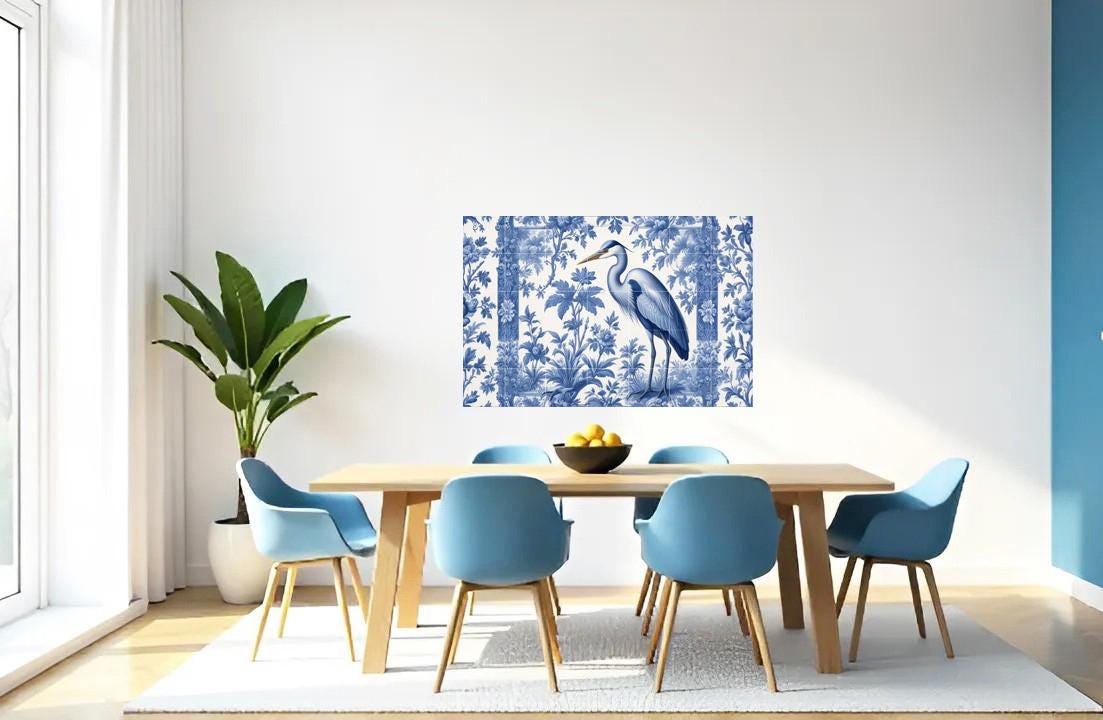 Blue Heron Chinoiserie Tile Mural, Delft Style Botanical Bird Wall Art
