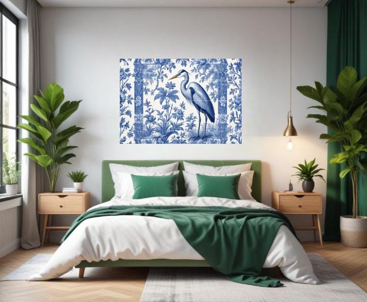 Blue Heron Chinoiserie Tile Mural, Delft Style Botanical Bird Wall Art