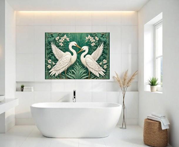 Botanical Heron Tile Mural – Green Art Nouveau Bird Wall Art for Bathroom Kitchen Decor