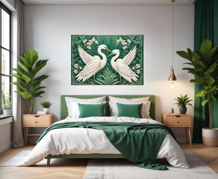Botanical Heron Tile Mural – Green Art Nouveau Bird Wall Art for Bathroom Kitchen Decor