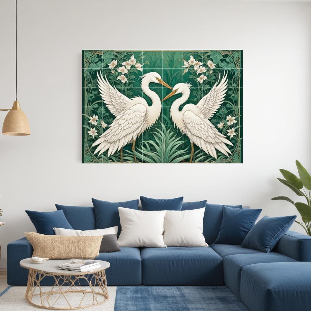Botanical Heron Tile Mural – Green Art Nouveau Bird Wall Art for Bathroom Kitchen Decor