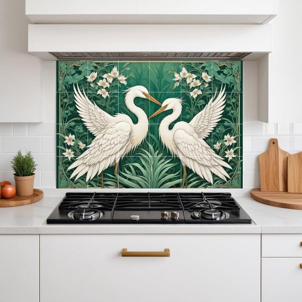Botanical Heron Tile Mural – Green Art Nouveau Bird Wall Art for Bathroom Kitchen Decor