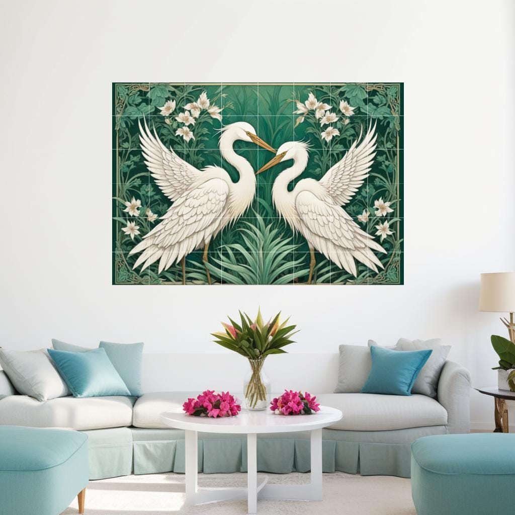 Botanical Heron Tile Mural – Green Art Nouveau Bird Wall Art for Bathroom Kitchen Decor
