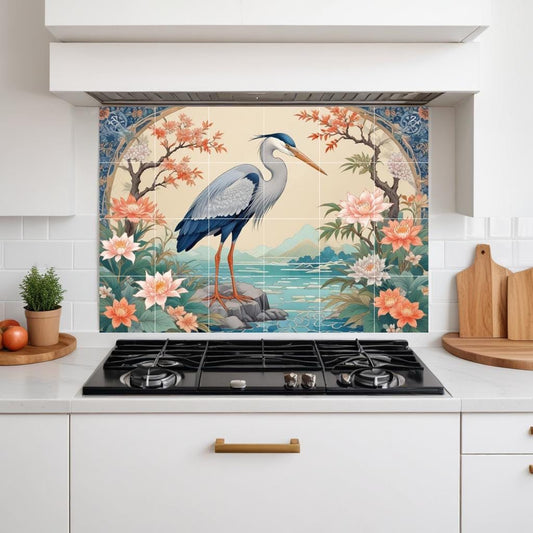 Heron Tile Mural, Coastal Bird Ceramic Backsplash, Botanical Wildlife Floral Decor