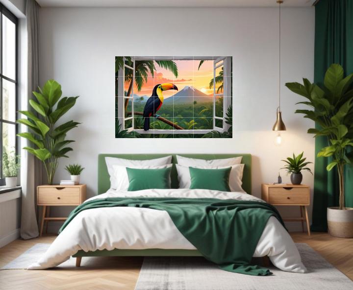 Pelican Bird Tile Mural – Tropical Window View Wall Art Jungle Sunset Kitchen & Bathroom Decor