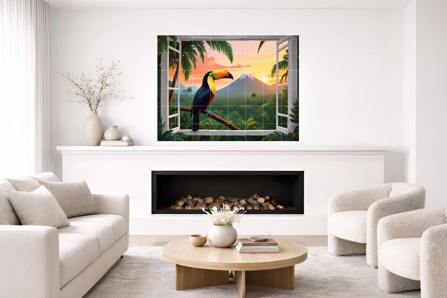 Pelican Bird Tile Mural – Tropical Window View Wall Art Jungle Sunset Kitchen & Bathroom Decor