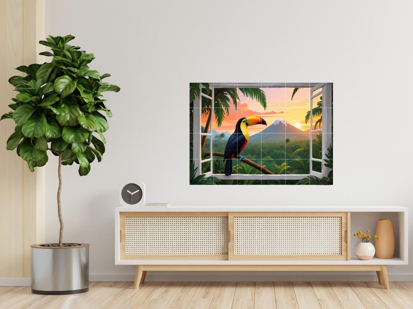 Pelican Bird Tile Mural – Tropical Window View Wall Art Jungle Sunset Kitchen & Bathroom Decor