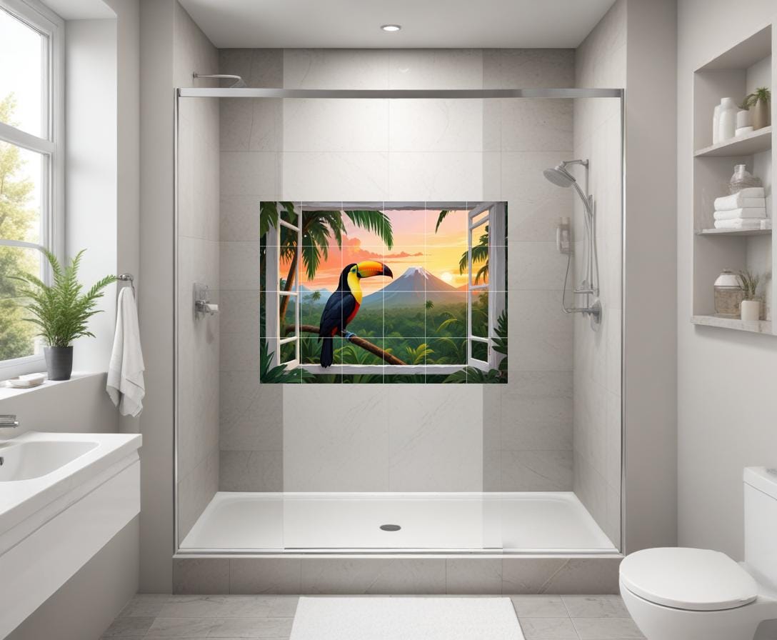 Pelican Bird Tile Mural – Tropical Window View Wall Art Jungle Sunset Kitchen & Bathroom Decor