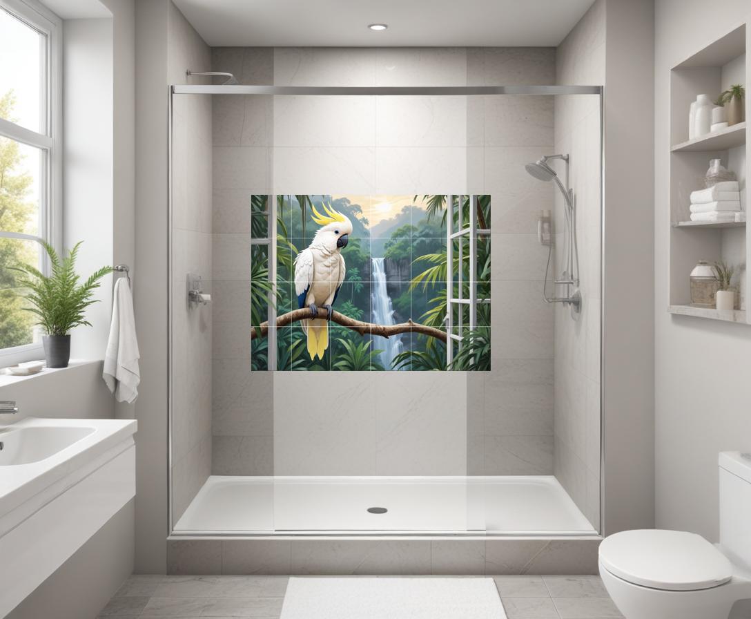 Tropical Parrot Bird Tile Mural – Jungle Waterfall Window View Wall Art