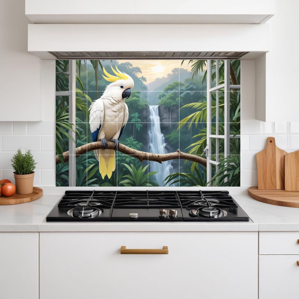 Tropical Parrot Bird Tile Mural – Jungle Waterfall Window View Wall Art