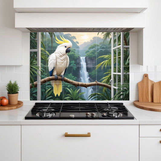 Tropical Parrot Bird Tile Mural – Jungle Waterfall Window View Wall Art