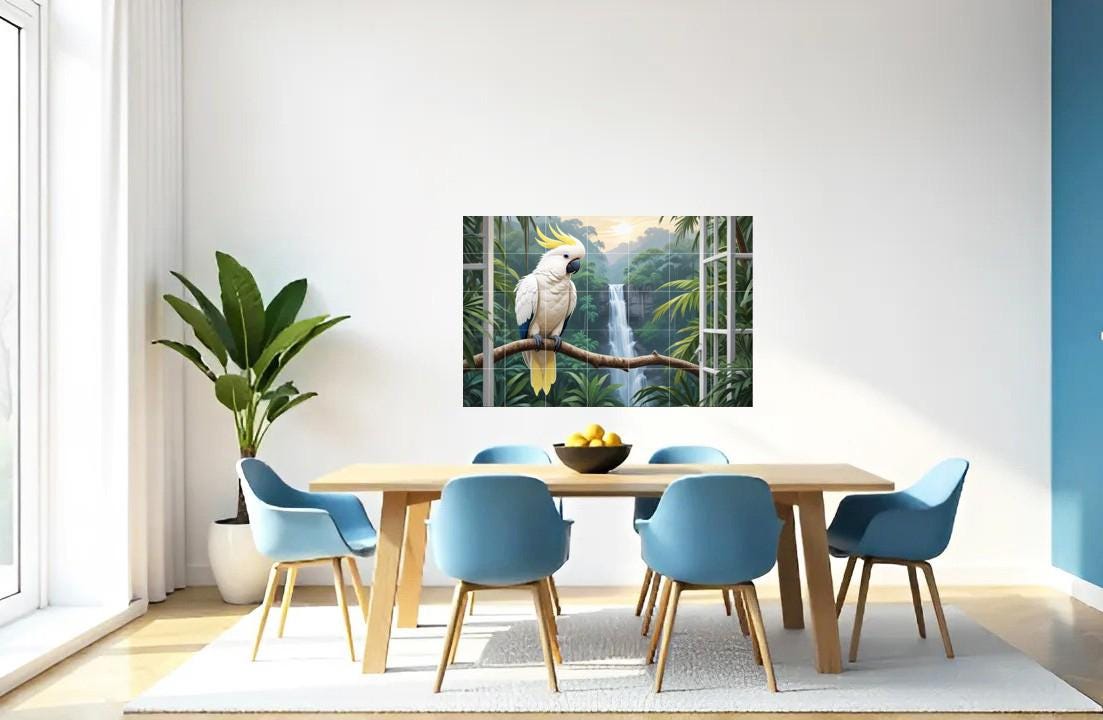 Tropical Parrot Bird Tile Mural – Jungle Waterfall Window View Wall Art