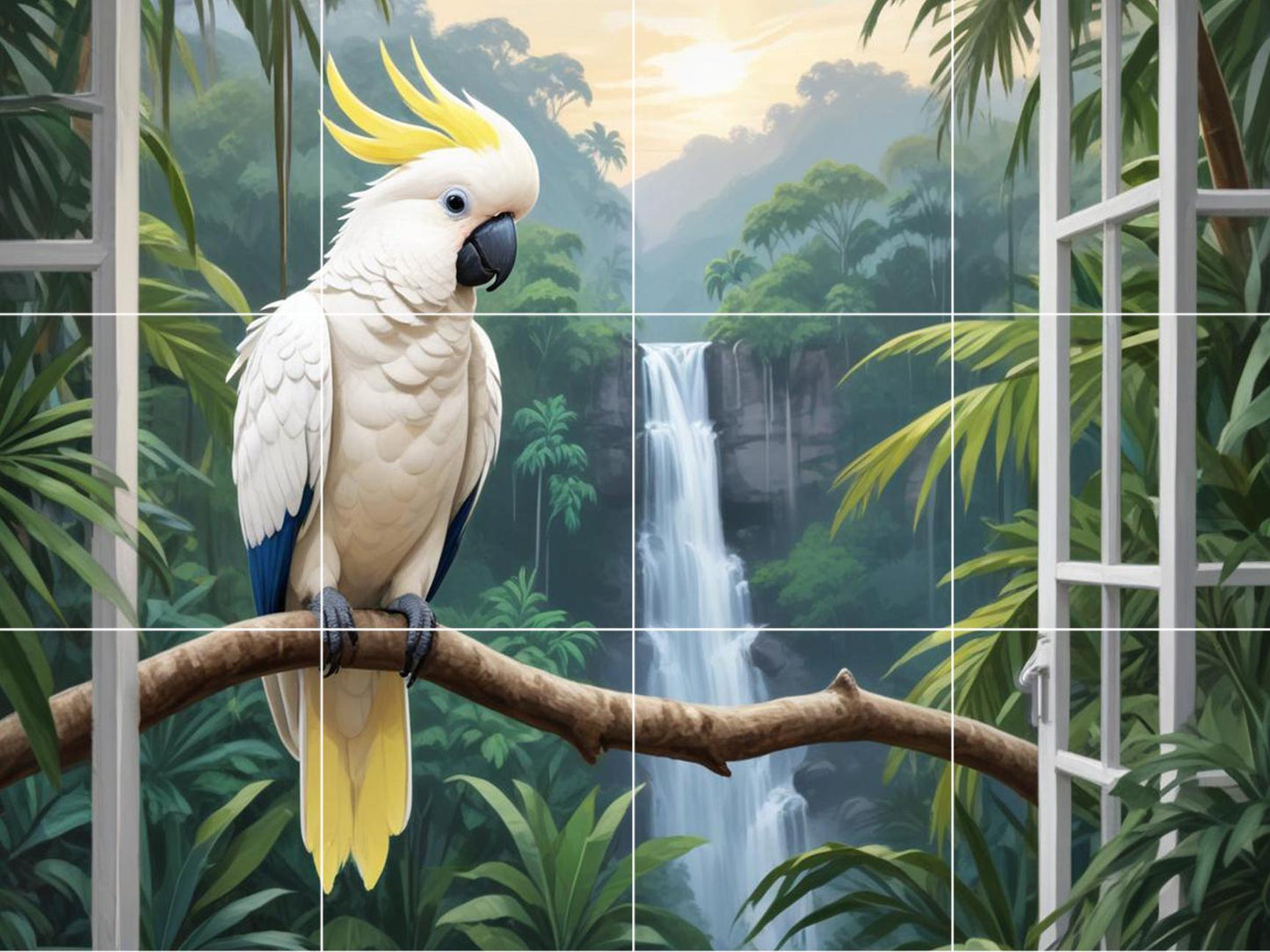 Tropical Parrot Bird Tile Mural – Jungle Waterfall Window View Wall Art