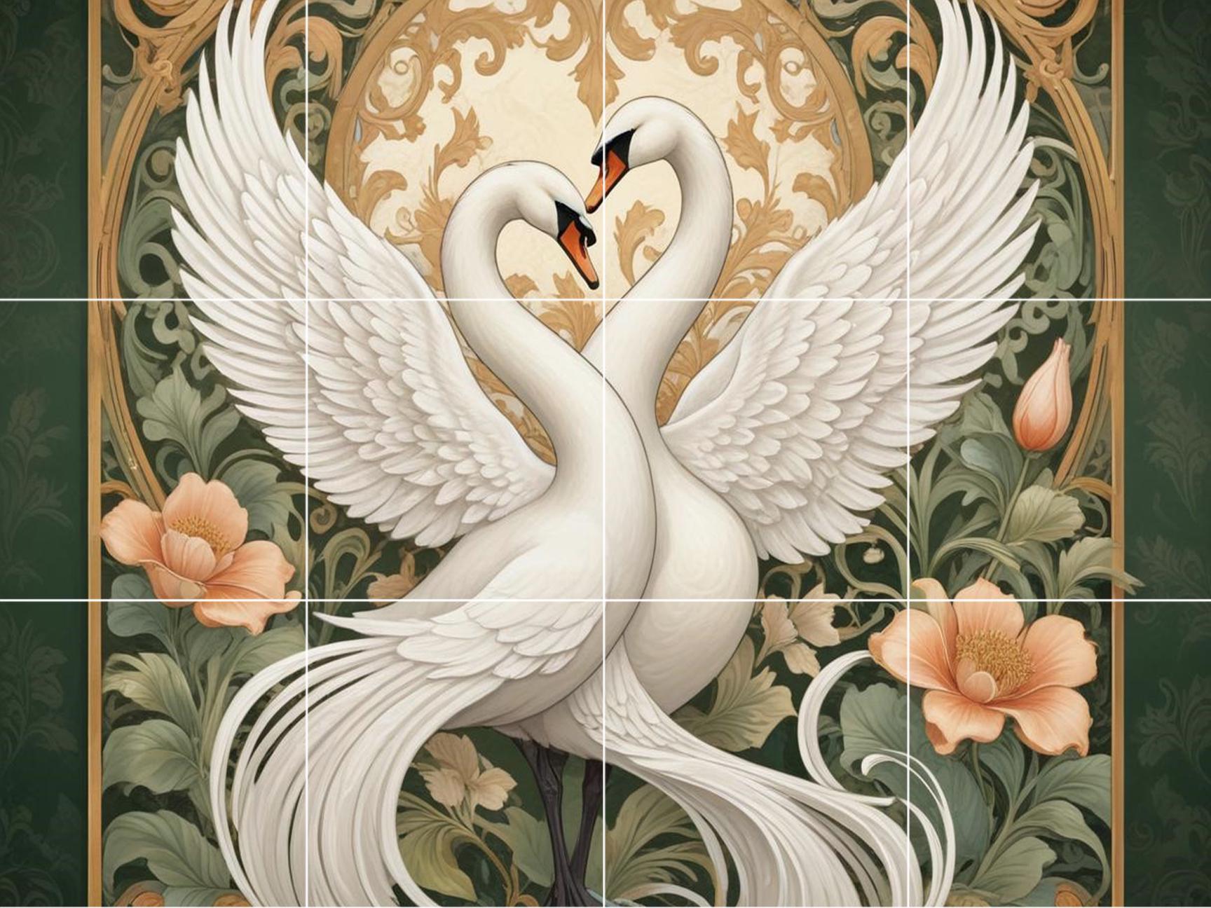 Art Nouveau Swan Bird Tile Mural – Floral Ceramic Kitchen Backsplash Elegant Bathroom Decor