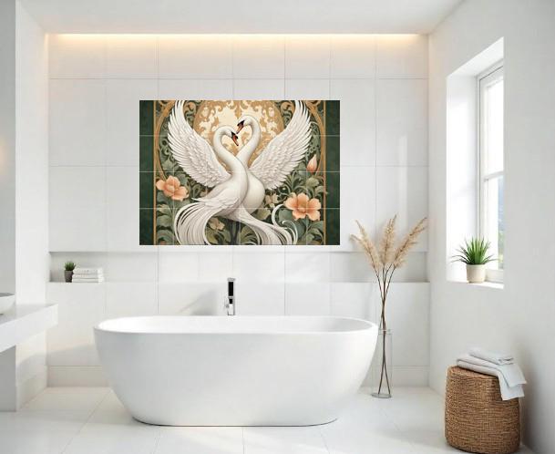 Art Nouveau Swan Bird Tile Mural – Floral Ceramic Kitchen Backsplash Elegant Bathroom Decor