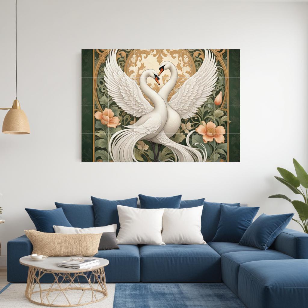 Art Nouveau Swan Bird Tile Mural – Floral Ceramic Kitchen Backsplash Elegant Bathroom Decor