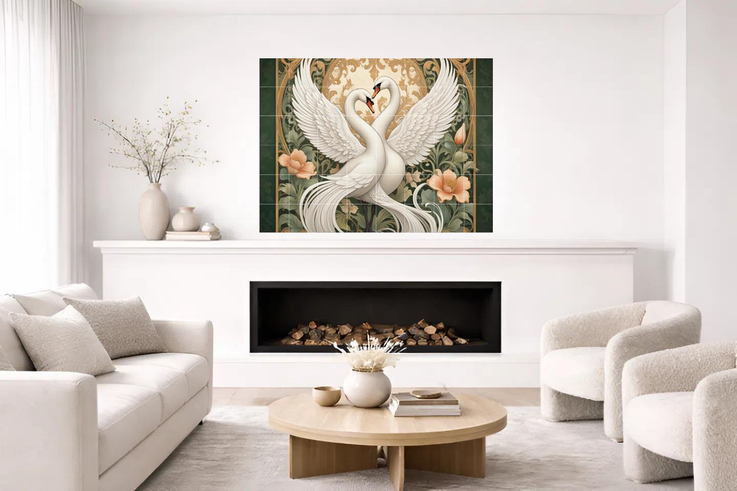 Art Nouveau Swan Bird Tile Mural – Floral Ceramic Kitchen Backsplash Elegant Bathroom Decor