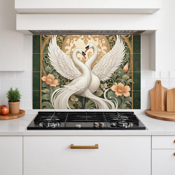 Art Nouveau Swan Bird Tile Mural – Floral Ceramic Kitchen Backsplash Elegant Bathroom Decor